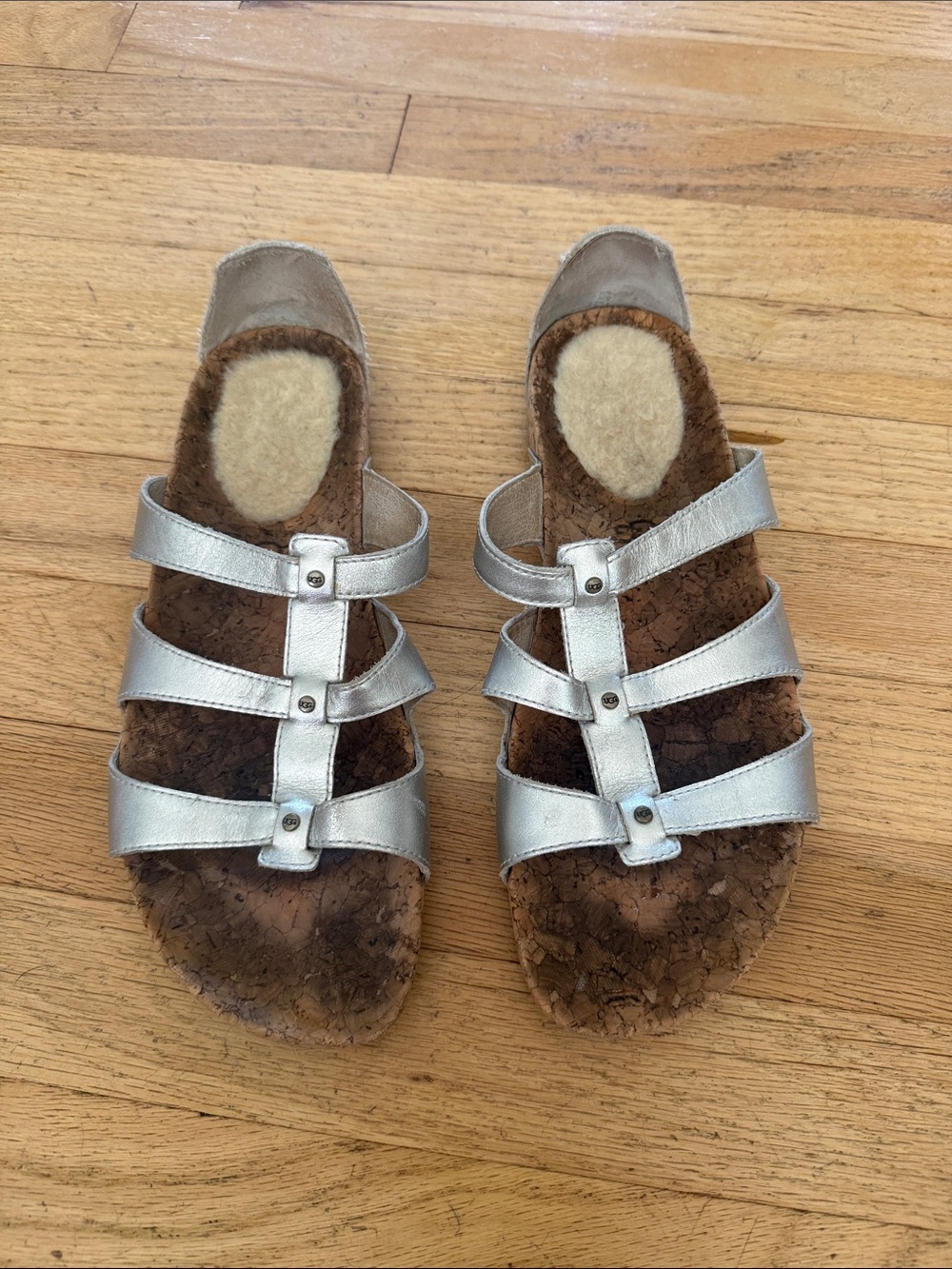Women Ugg Sandal
Silver Strappy Cork Footbed Sandals
Size 10 excellent condition